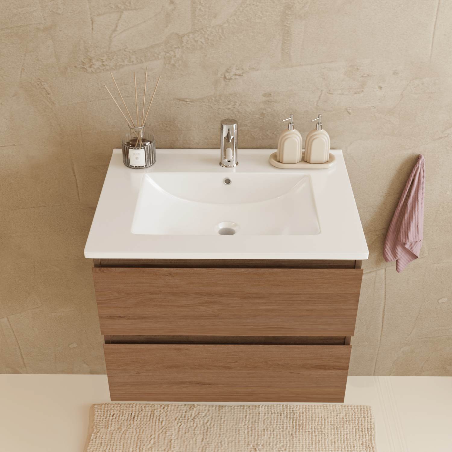 MARENZA Warm Eiken - Wastafel Wit - 60cm - lomazoo.com