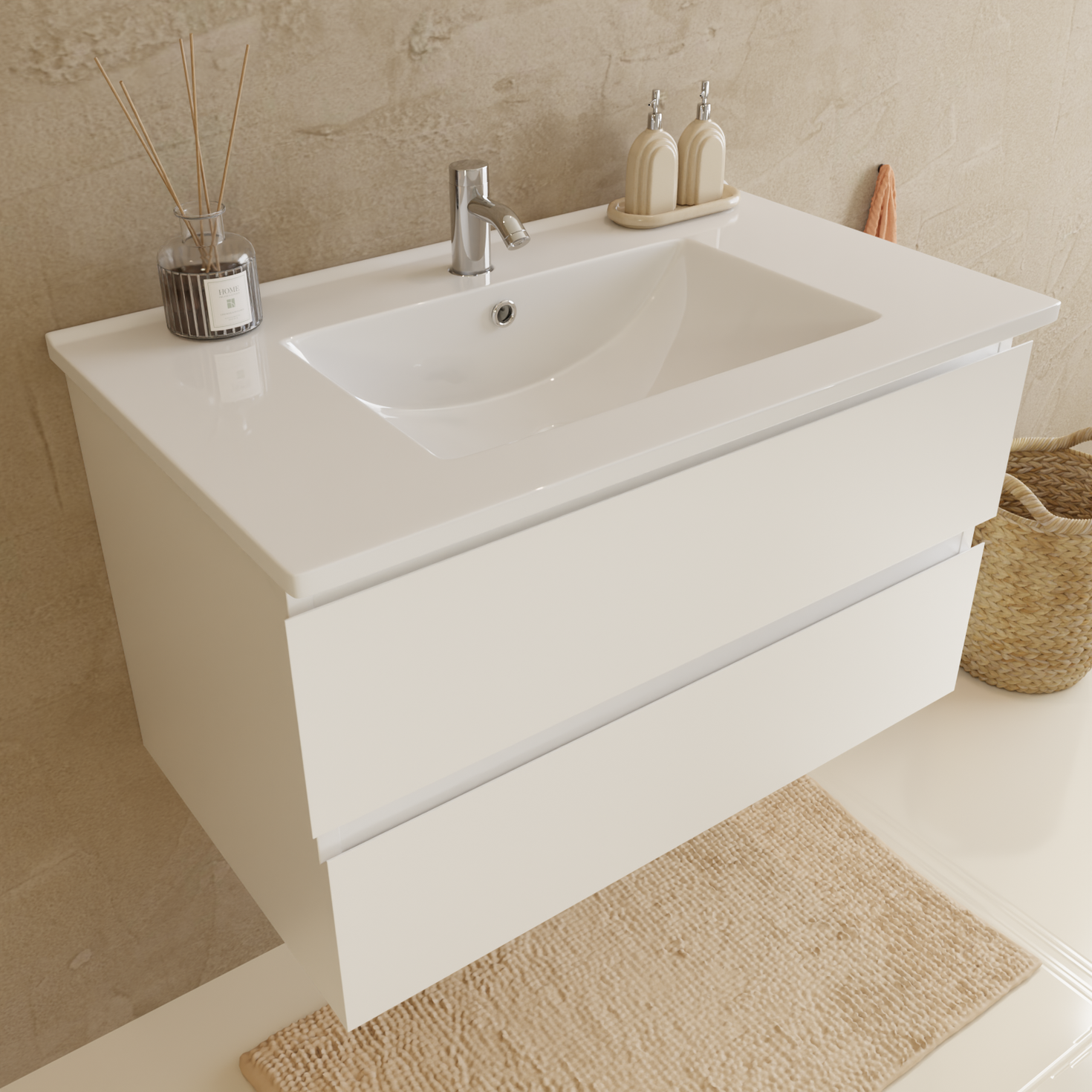Badrumsmöbelset VERONA 80 cm - Med högskåp - Blankvit - Vitt tvättställ