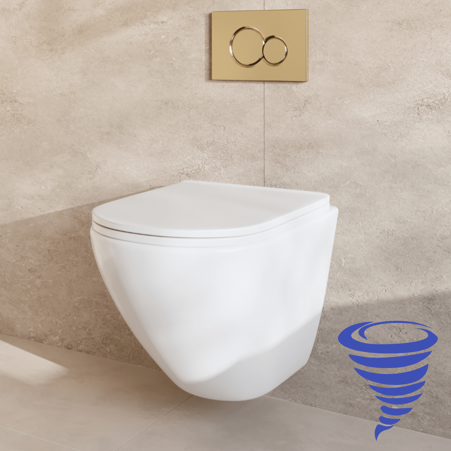 Hangtoilet met Inbouwreservoir - Rond Wit - Drukplaat Rond Goud - Linea - lomazoo.com