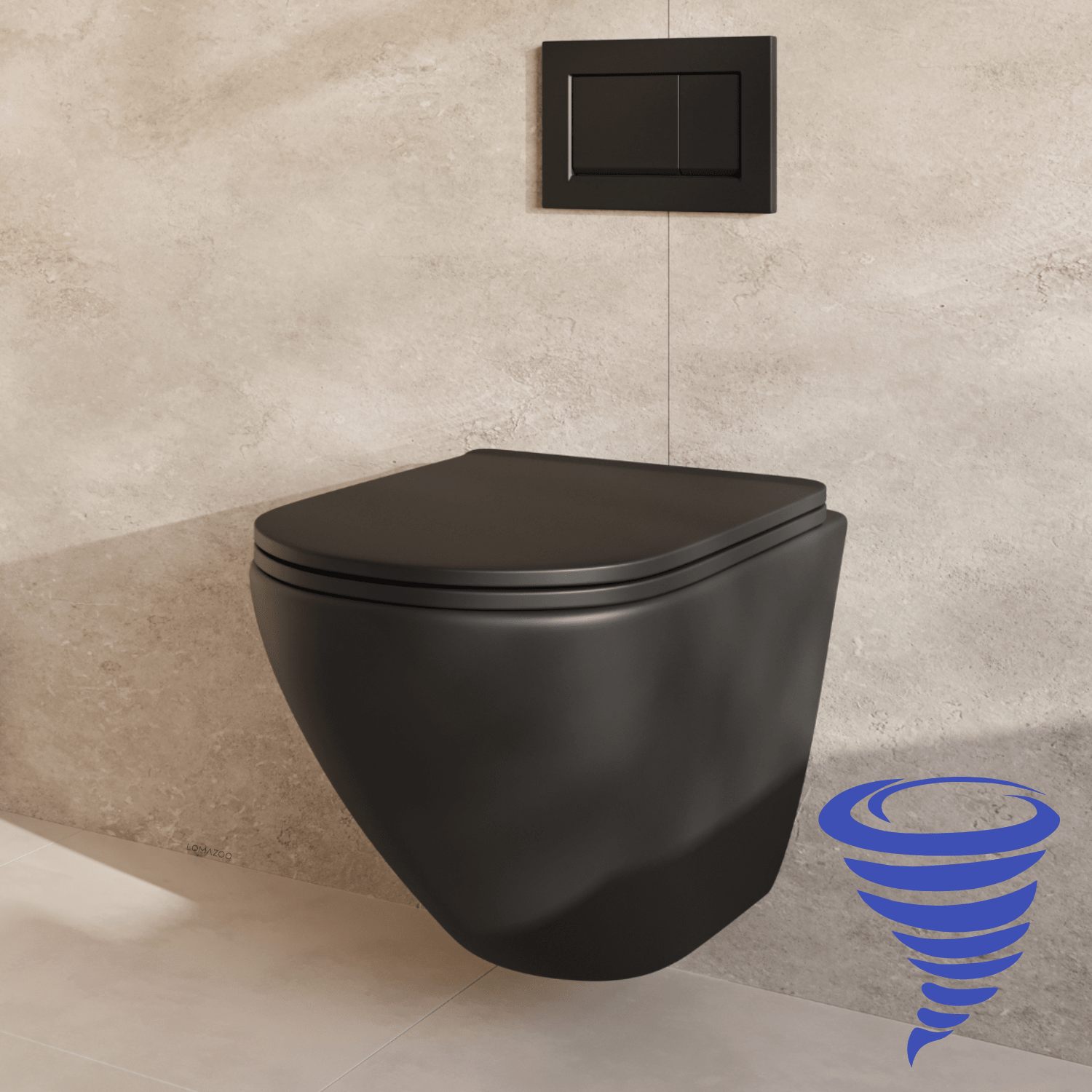 Hangtoilet met Inbouwreservoir - Rond Zwart - Drukplaat Vierkant Zwart - Linea - lomazoo.com