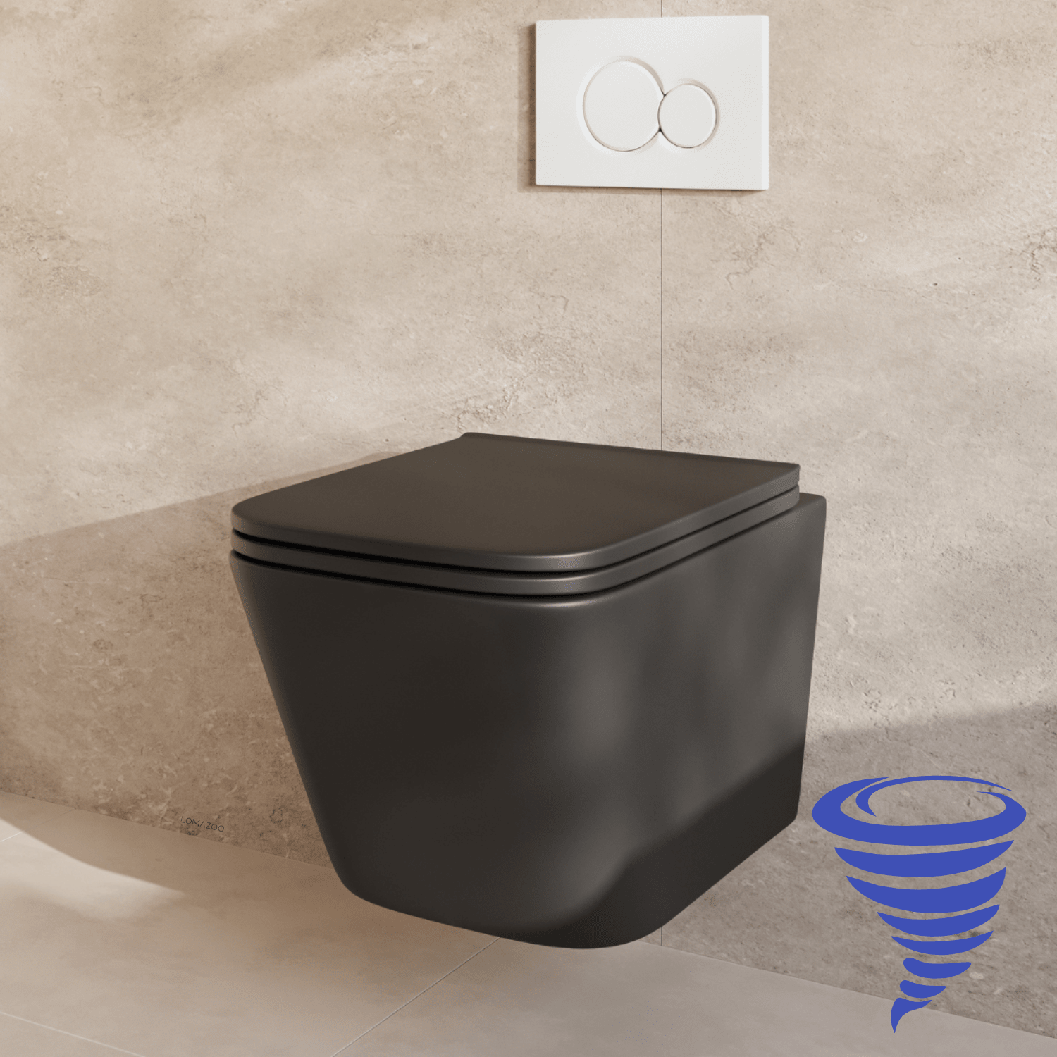 Hangtoilet met Inbouwreservoir - Vierkant Zwart - Drukplaat Rond Wit - Linea - lomazoo.com