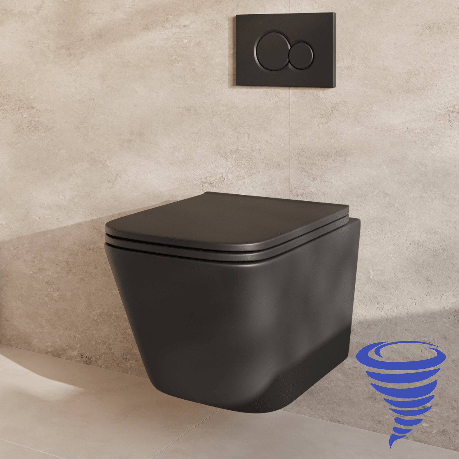 Hangtoilet met Inbouwreservoir - Vierkant Zwart - Drukplaat Rond Zwart - Linea - lomazoo.com