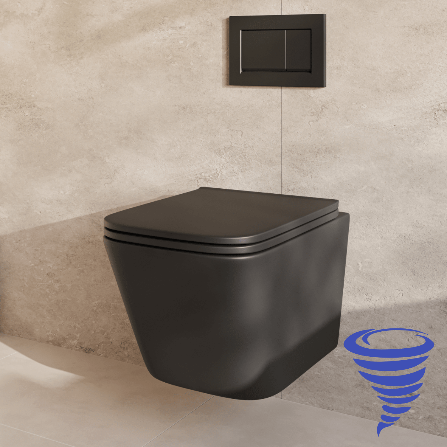 Hangtoilet met Inbouwreservoir - Vierkant Zwart - Drukplaat Vierkant Zwart - Linea - lomazoo.com